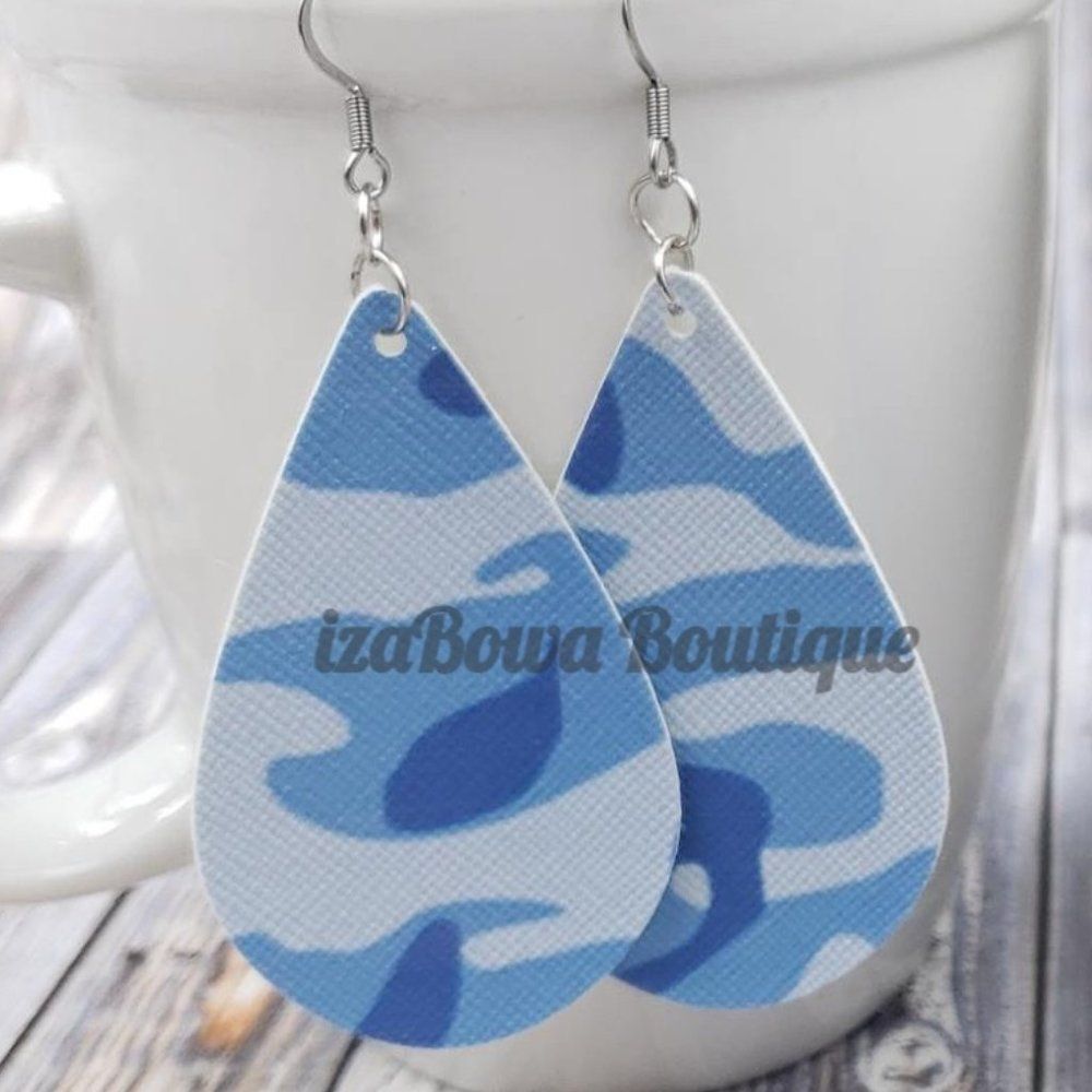 Blue Camo Faux Leather Earrings  (2)  ER1640 Handmade NWT Boutique